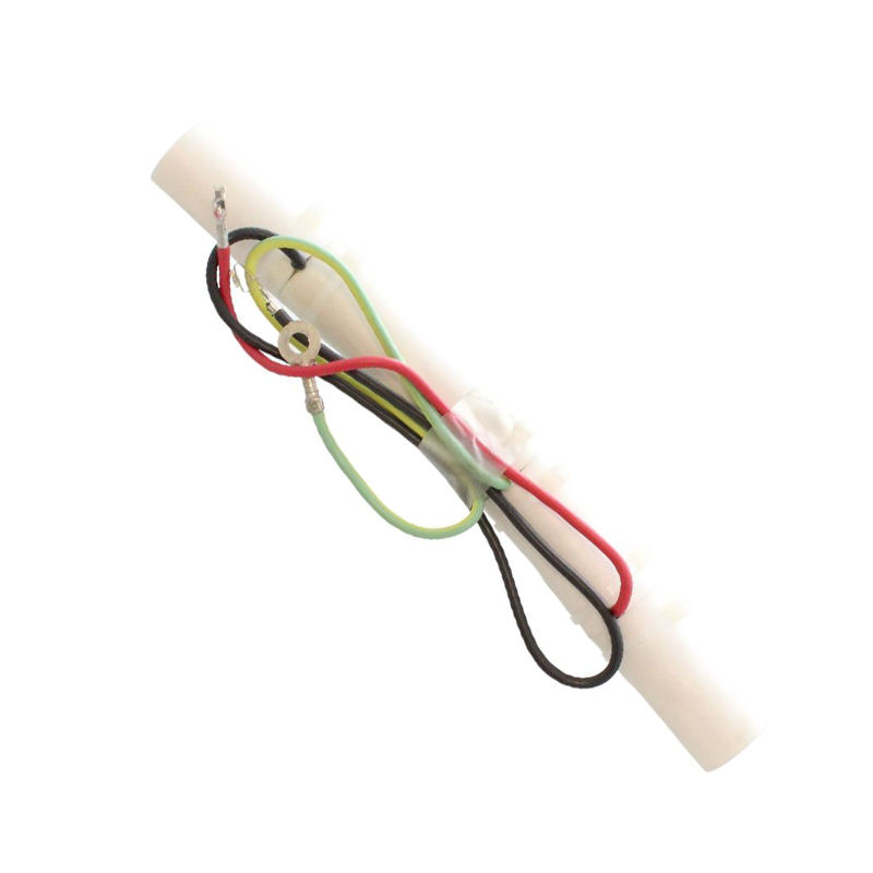 White sensor assembly with multi-coloured wires on a white background