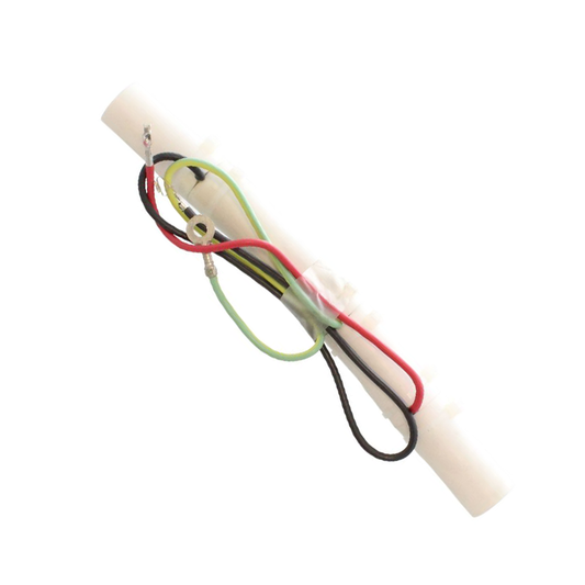 White sensor assembly with multi-coloured wires on a white background