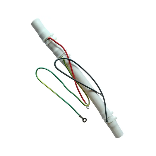 White cylindrical device with multi-coloured wires on a white background