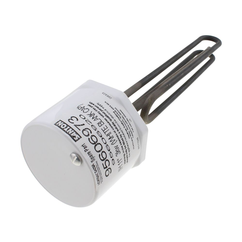 White heating element with black branding on a white background