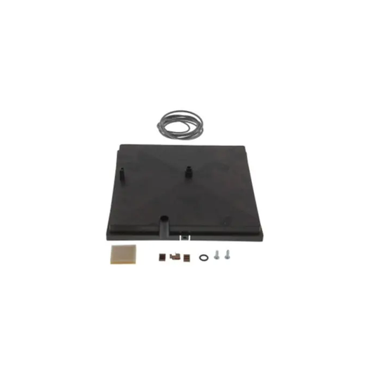 Black bracket with small components on a white background