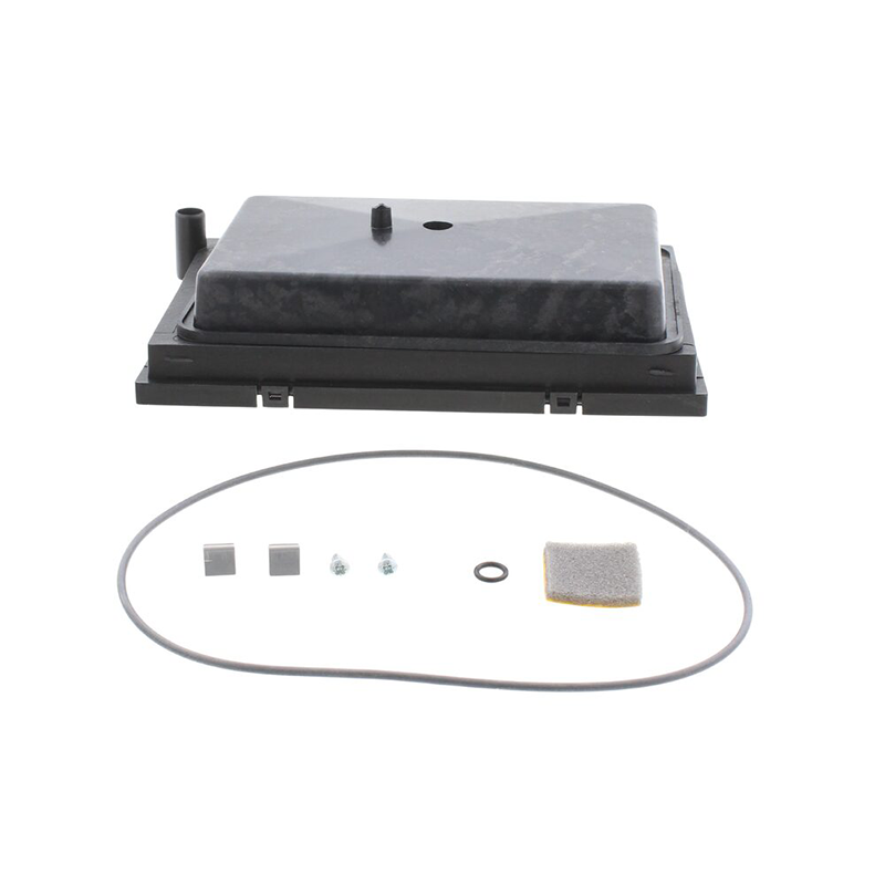 Black rectangular component with smaller parts on a white background