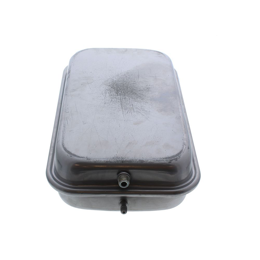 Metal water tank with a drain plug on a white background