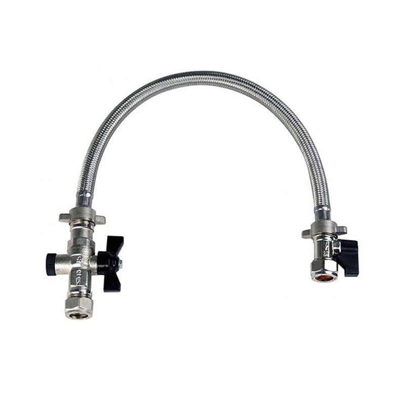flexible hose with stainless steel connectors on both ends on a white background