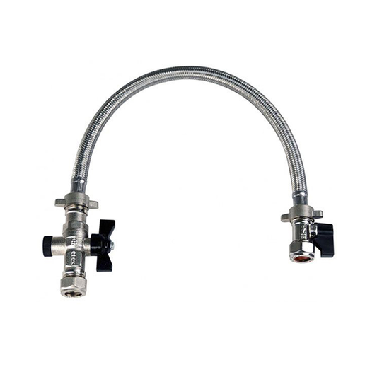 flexible hose with stainless steel connectors on both ends on a white background