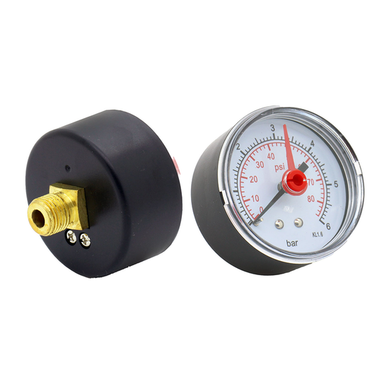 Pressure gauge with black body and brass fitting on a white background