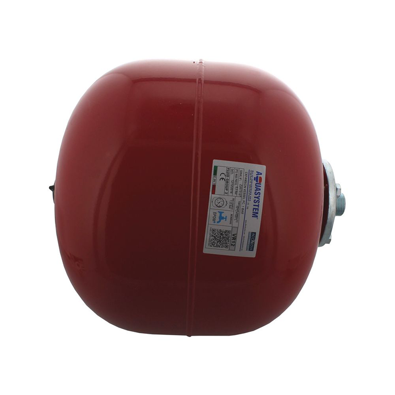 Red pressure tank with a label on a white background
