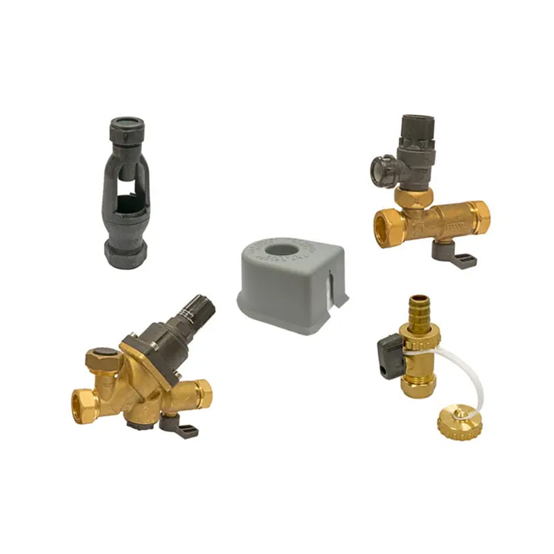 Collection of plumbing valves and connectors on a white background