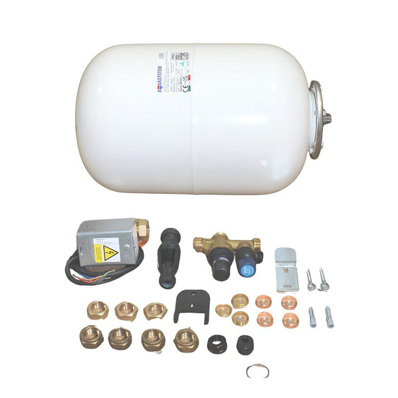 A water pressure tank expansion vessel kit with a large white cylindrical tank, a gray electric pump, brass and bronze fittings, copper pipe sections, screws, and gaskets, arranged on a plain white background.