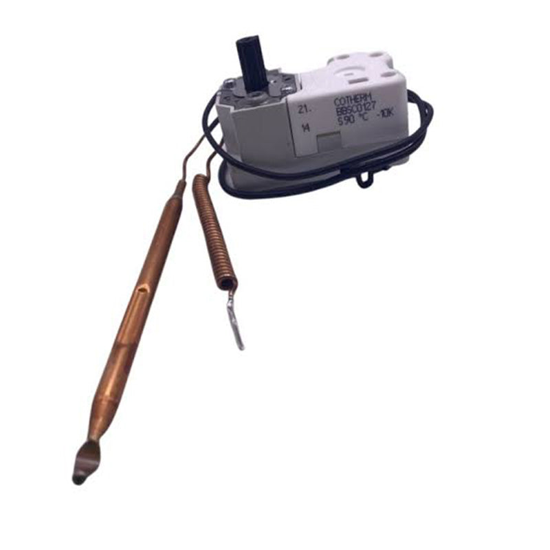 A small industrial electrical component with a gray plastic housing, black wiring, and two metal probe-like leads, photographed on a plain white background.