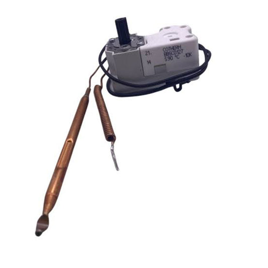 A small industrial electrical component with a gray plastic housing, black wiring, and two metal probe-like leads, photographed on a plain white background.