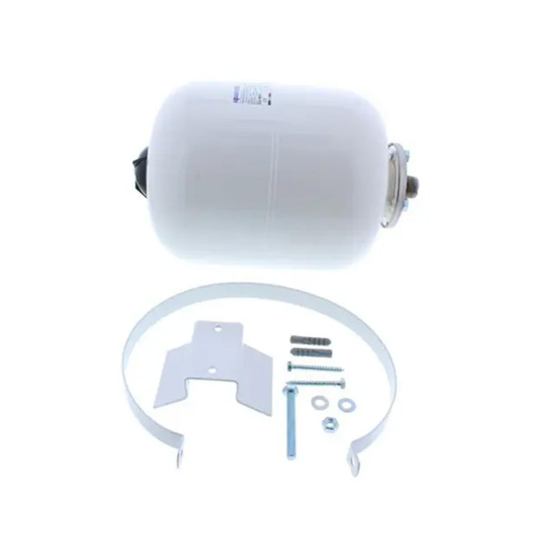 A white cylindrical expansion vessel shown above its mounting hardware, including a metal bracket, bolts, washers, and nuts, all on a plain white background.