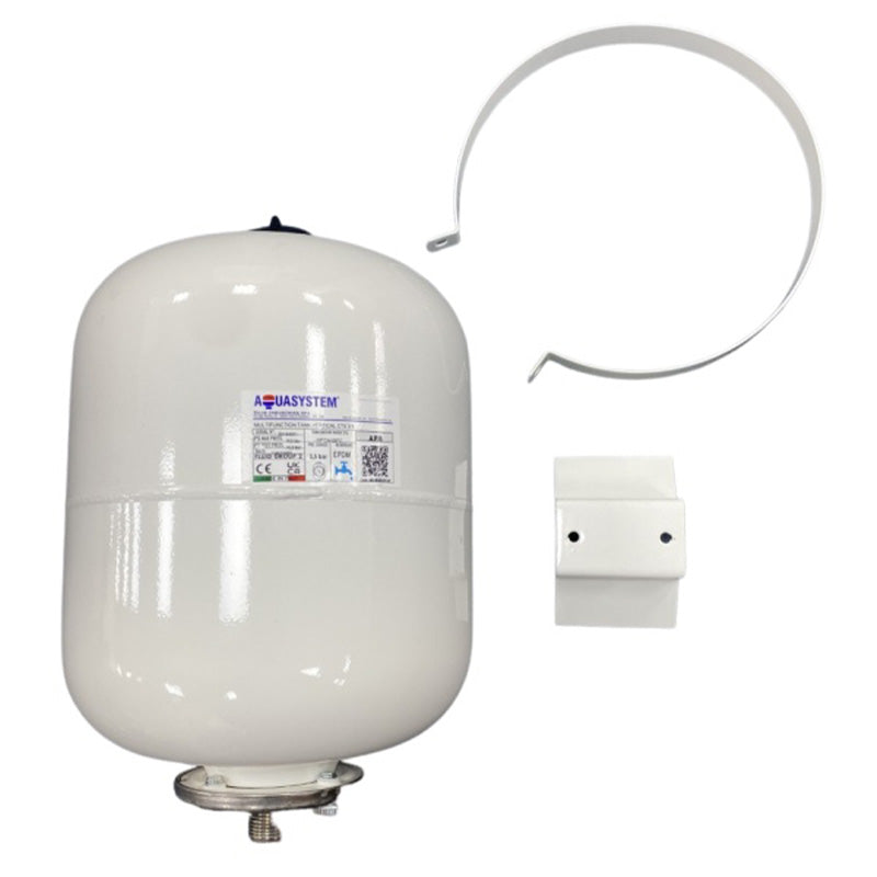 A water heater expansion vessel with a white body, a metal clamp, and a white wall-mount bracket on a solid white background.