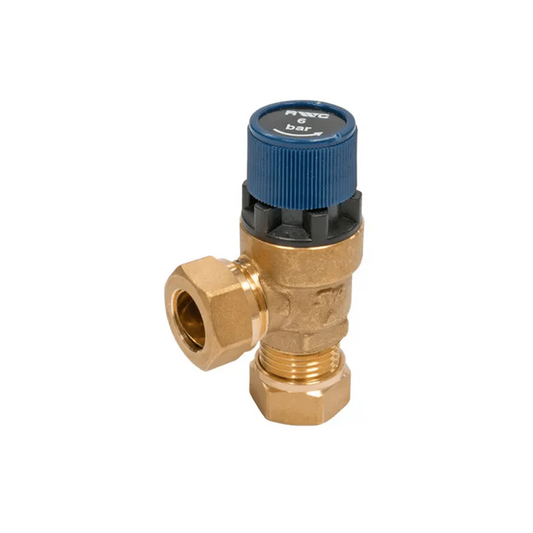 Brass pressure valve with blue handle on a white background