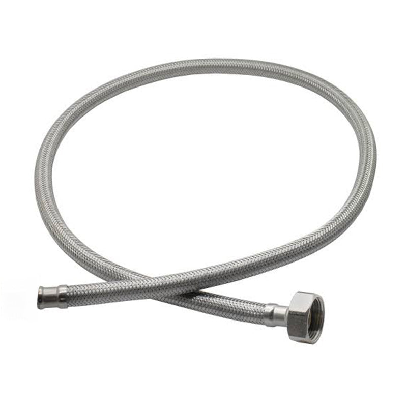 A coiled stainless steel braided hose with metal connectors on both ends, shown against a plain white background.