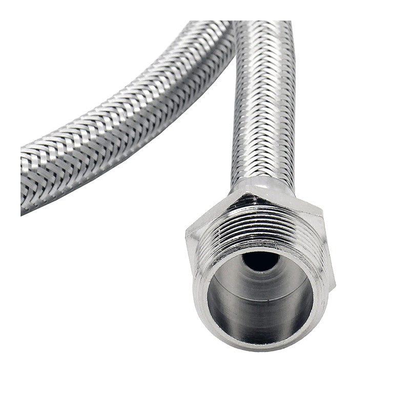 A close-up of a stainless steel braided metal hose with a threaded hexagonal connector, shown against a plain white background.