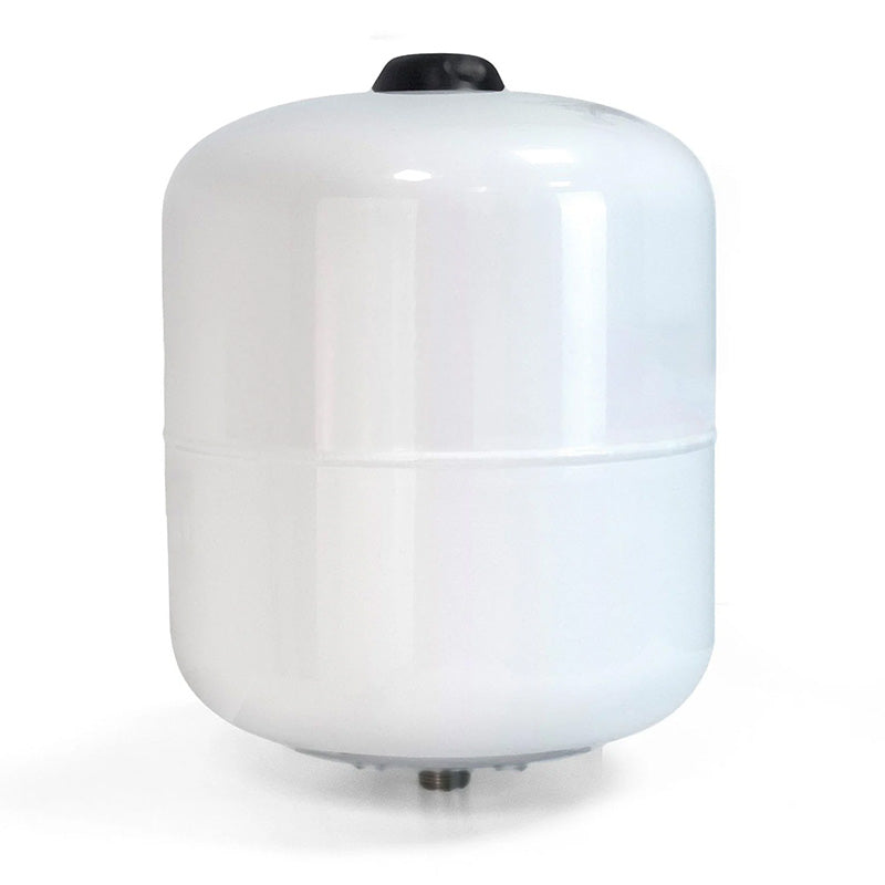 A white cylindrical water expansion tank with a black top cap, shown on a clean white background.