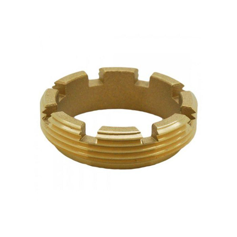 A brass ring-shaped component with a threaded outer surface and evenly spaced notched inner teeth, shown on a plain white background.
