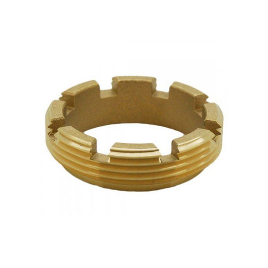 A brass ring-shaped component with a threaded outer surface and evenly spaced notched inner teeth, shown on a plain white background.