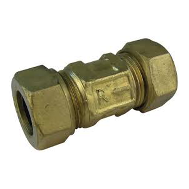 A brass compression fitting with a hexagonal nut on each end and a threaded center section, photographed on a plain white background.