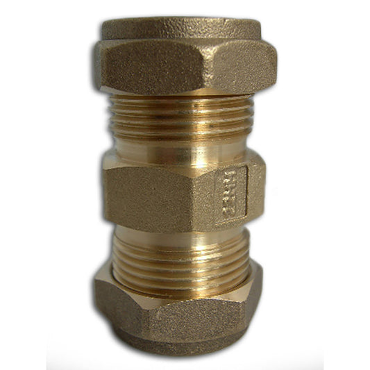 A brass plumbing fitting with male and female threaded connections, featuring a hexagonal nut design on each end, shown against a plain white background.