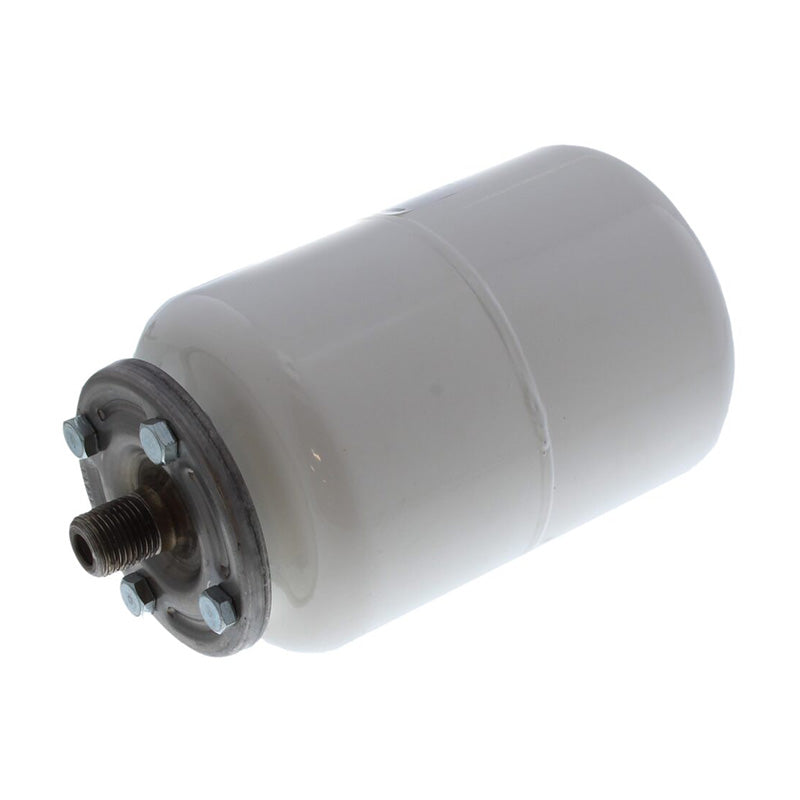 A water heater expansion tank with a white body and a dark metal threaded end secured by silver bolts, shown on a plain white background.