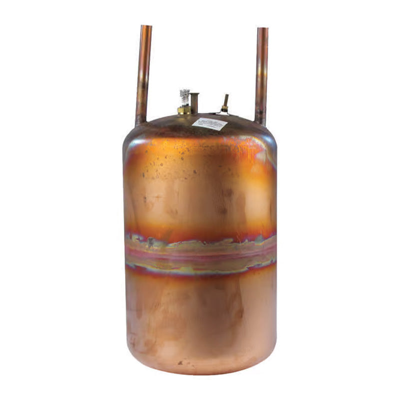 A copper Hotflo 10 inner container featuring two copper pipes extending from the top, featuring a distinct rainbow-colored heat-treatment band around the middle, isolated on a white background.