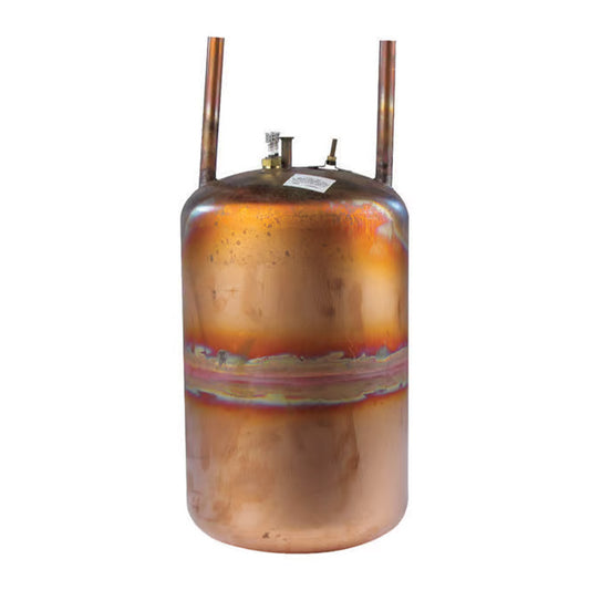 A copper Hotflo 10 inner container featuring two copper pipes extending from the top, featuring a distinct rainbow-colored heat-treatment band around the middle, isolated on a white background.
