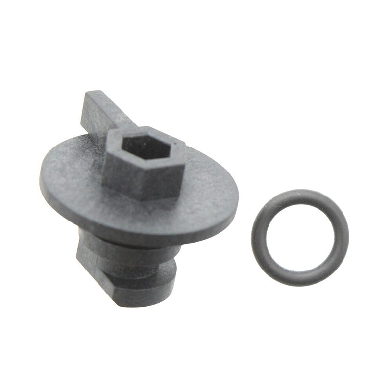 A dark gray plastic cap assembly with a hexagonal socket on top and a small O-ring, shown on a plain white background.