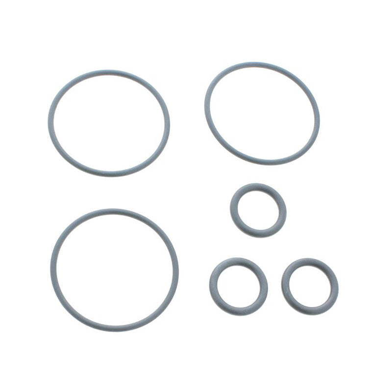 Set of various sizes of gray rubber O-rings on a white background