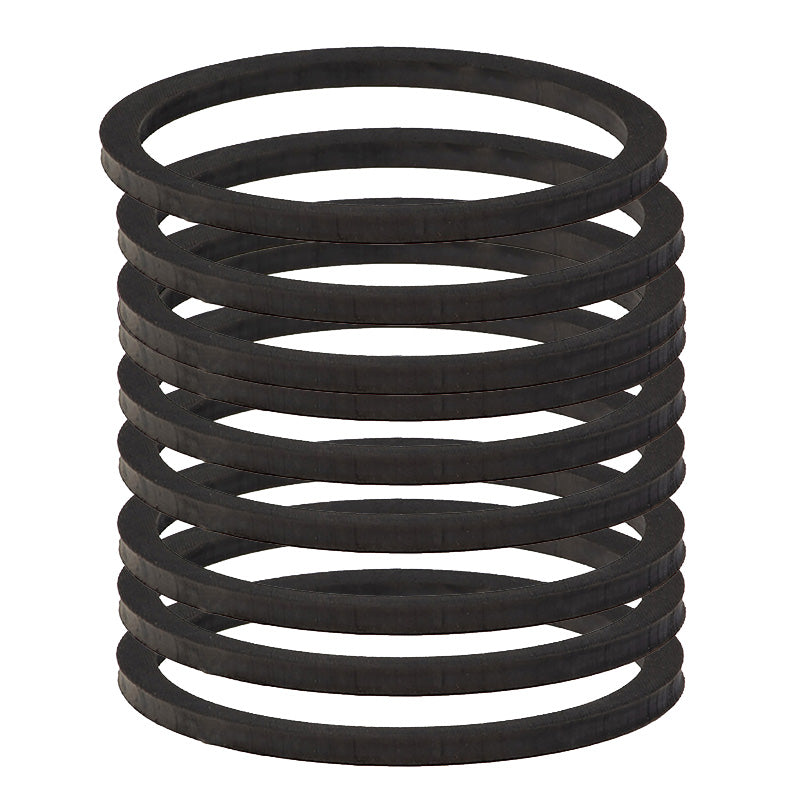 Stack of black rubber gaskets on a white background
