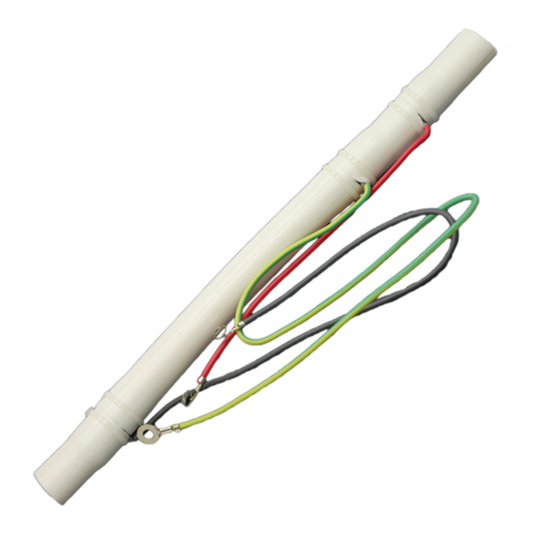White electrical sensor with multi-coloured wires on a white background
