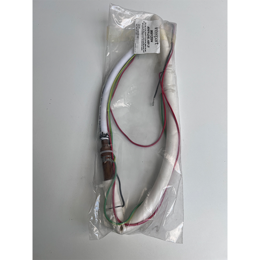 Electrical cable with connectors in a clear plastic bag on a gray background