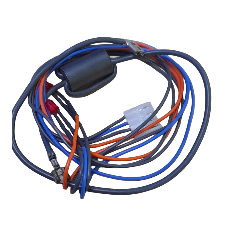 Wiring harness with blue, red, and black wires on a white background