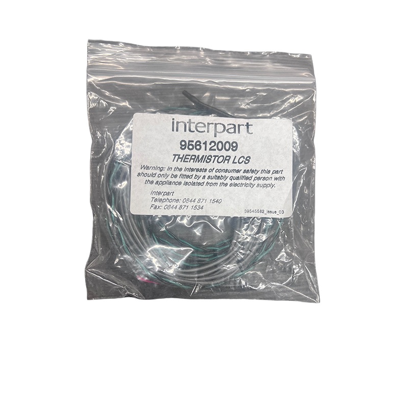 Packaged thermistor with interpart label on a white background