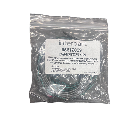 Packaged thermistor with interpart label on a white background