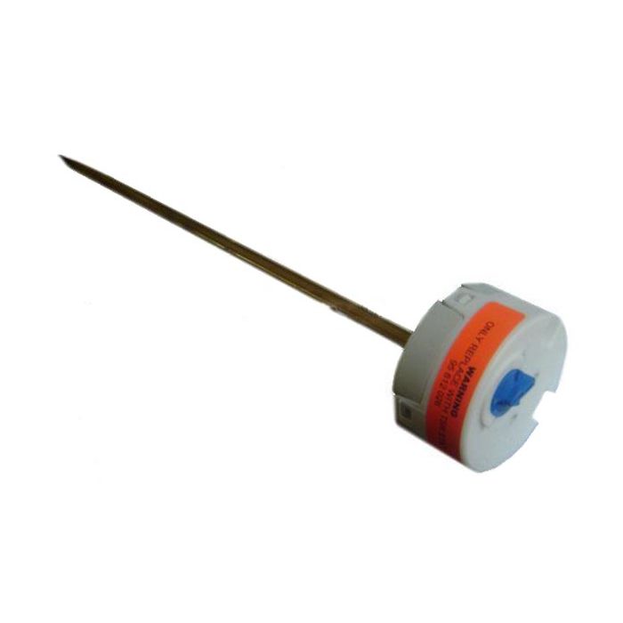 Thermometer probe with a white base and red label on a white background