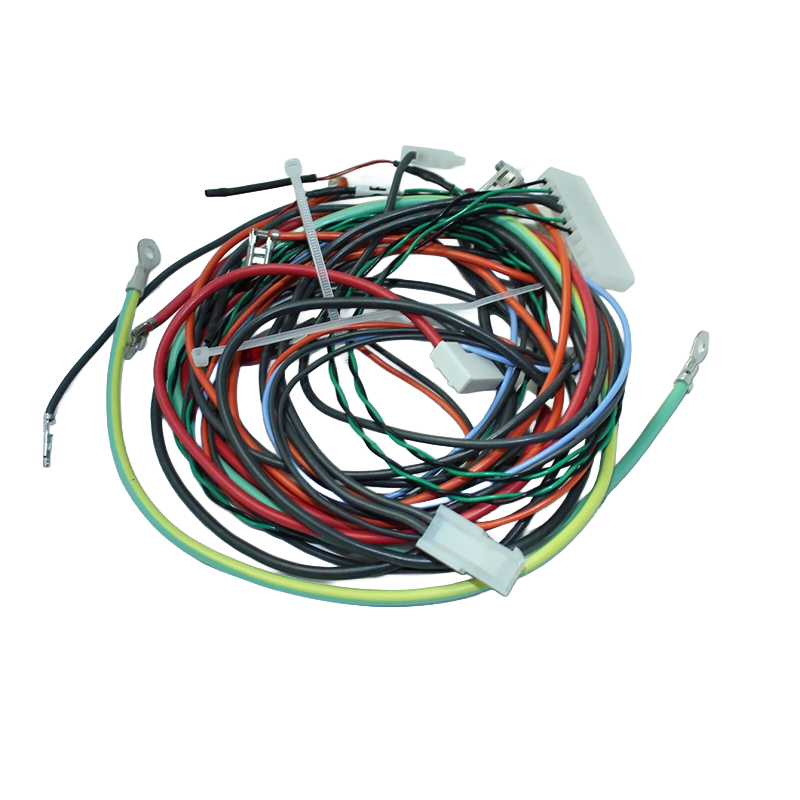 Colorful wiring harness on a white background