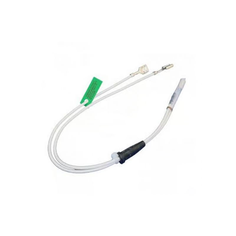 A replacement temperature cut-out with metal and plastic cable assembly with a white sheath, featuring a green connector tag, a black sleeve, and metal terminals on a plain white background.