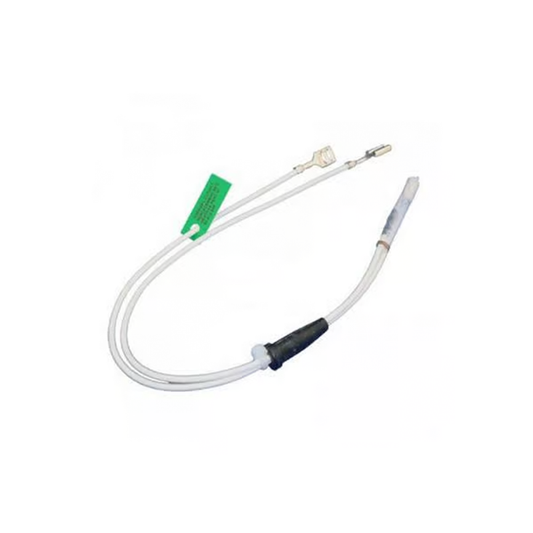 A replacement temperature cut-out with metal and plastic cable assembly with a white sheath, featuring a green connector tag, a black sleeve, and metal terminals on a plain white background.