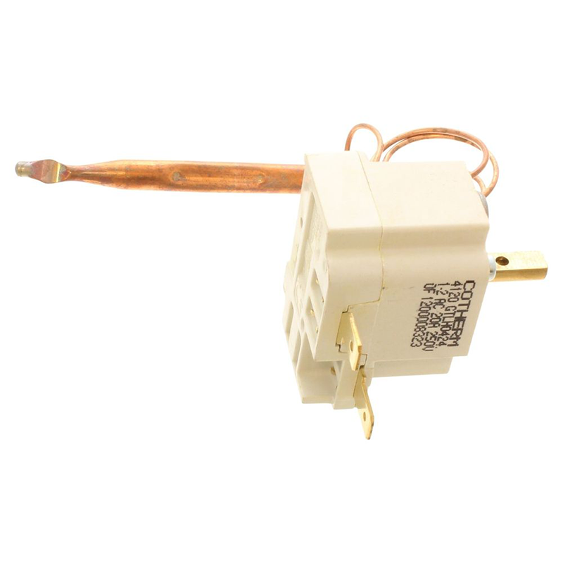 A replacement capillary thermostat featuring a beige plastic housing, a copper heat pipe, and gold-toned metal terminals, shown against a plain white background.