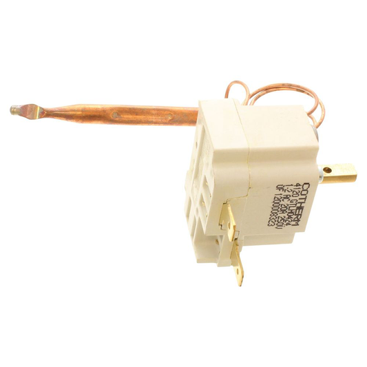 A replacement capillary thermostat featuring a beige plastic housing, a copper heat pipe, and gold-toned metal terminals, shown against a plain white background.