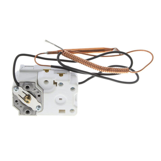 A white plastic and metal appliance thermal switch module with attached black and copper wires on a plain white background.