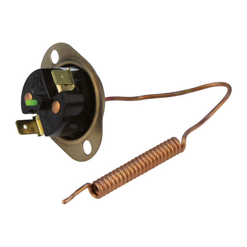 A small electrical thermal switch component with a black plastic housing, brass-colored metal terminals and mounting plate, and a copper coil lead, shown on a plain white background.