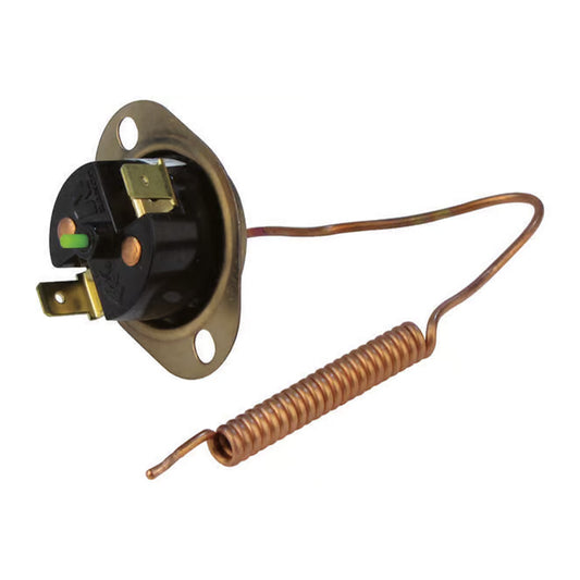 A small electrical thermal switch component with a black plastic housing, brass-colored metal terminals and mounting plate, and a copper coil lead, shown on a plain white background.