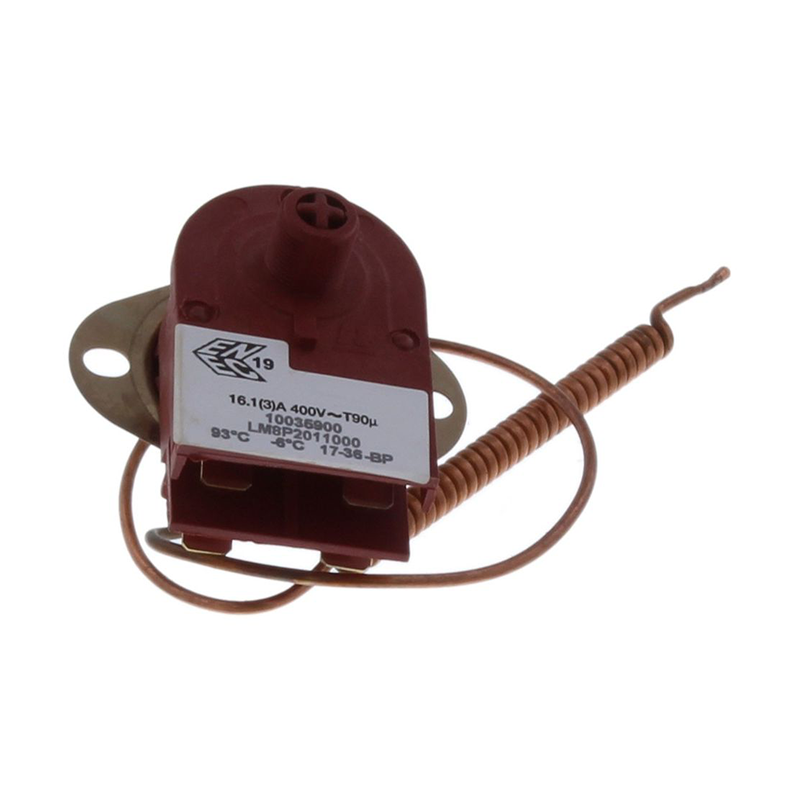 A small electrical component with a dark red plastic housing, a white label with technical specifications, and a copper-colored coiled wire, shown on a plain white background.