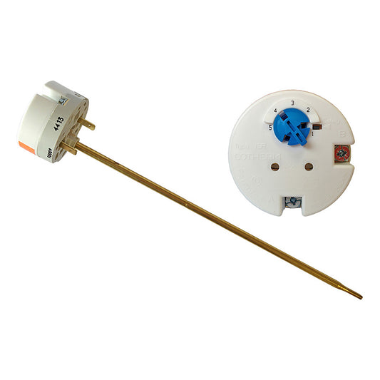 A white plastic and brass water heater thermostat with a blue switch, shown from both side and back views on a plain white background.