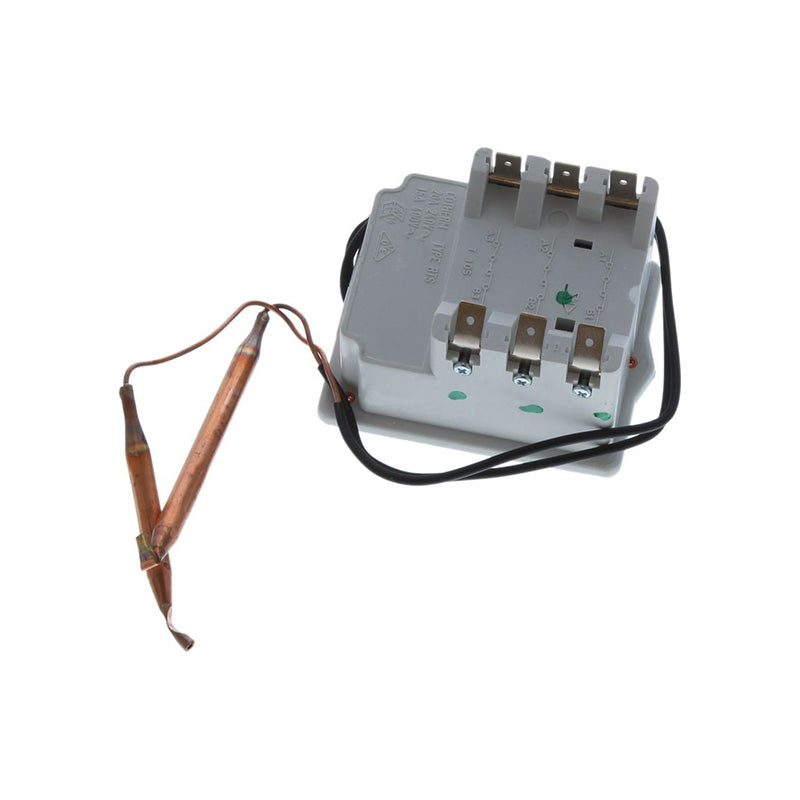 A 3-spade thermostat with a white plastic housing, black wires, and copper-colored metal probes, shown on a plain white background.