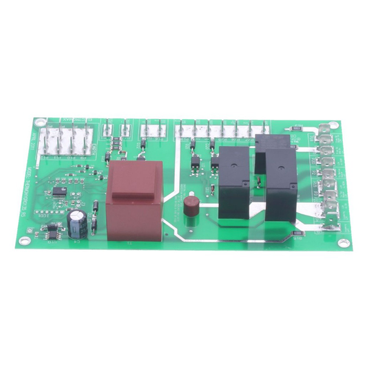 Green circuit board with electronic components on a white background