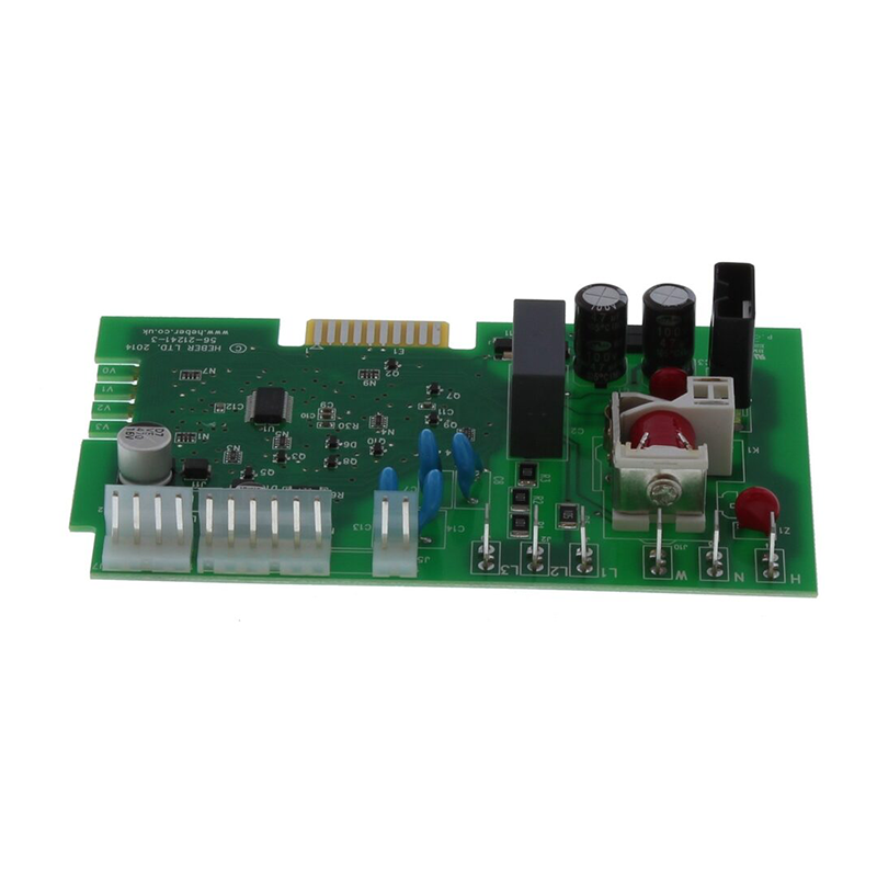 Electronic circuit board with various components on a white background